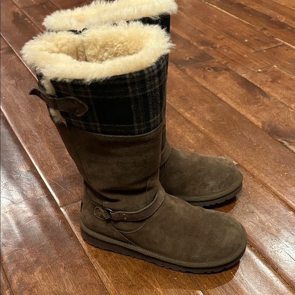 UGG Brown Suede Boots with Plaid Cuff - Picture 1 of 6